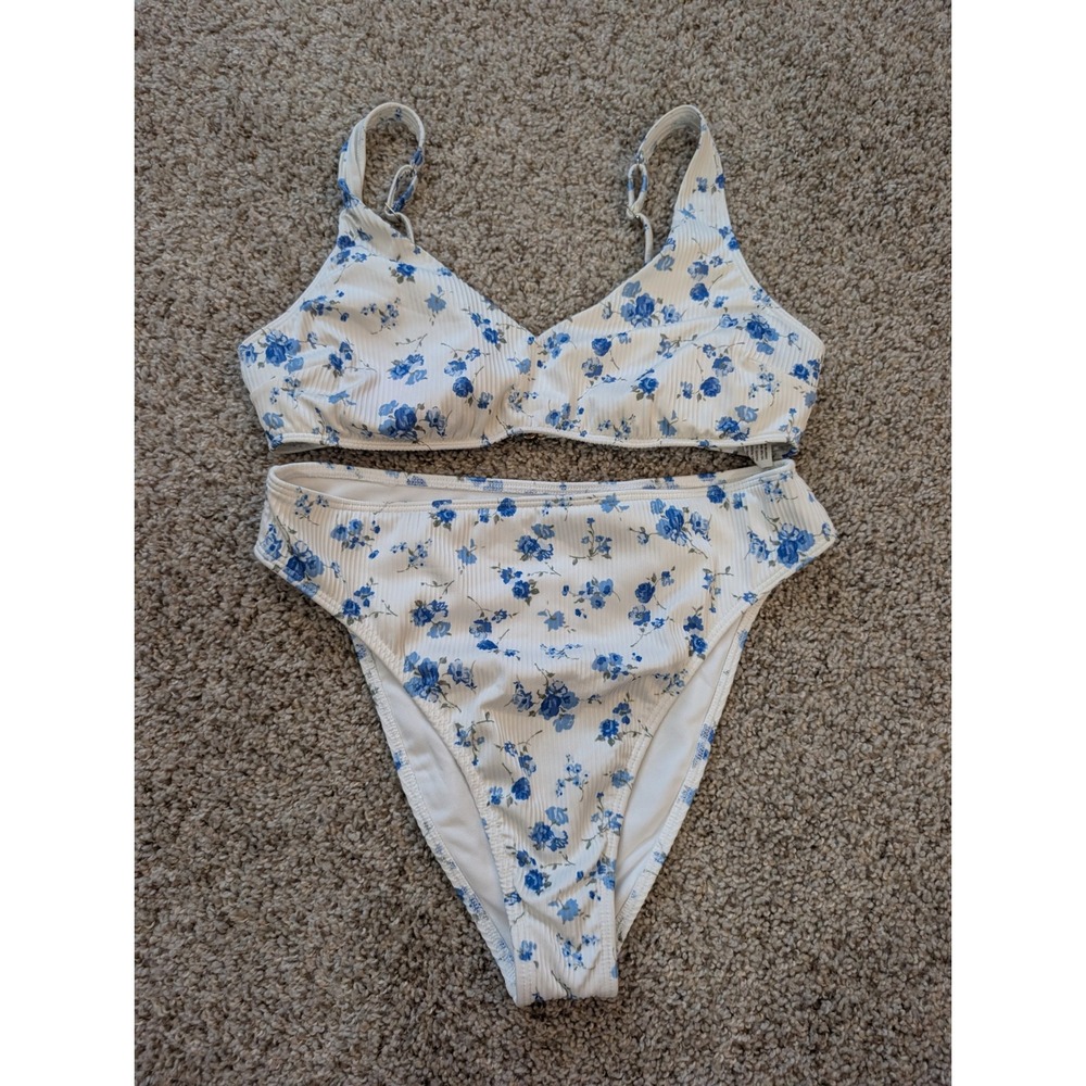 Hollister Blue Floral Ribbed Bikini Set High Waisted Curvy Cheeky Medium
